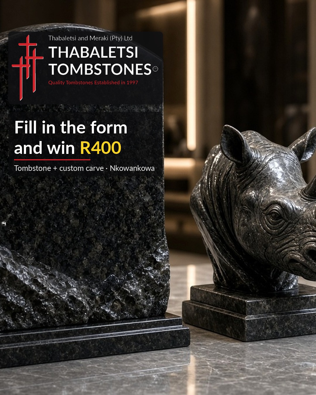 Fill in the form and win R400 — Thabaletsi tombstone with custom rhino carving
